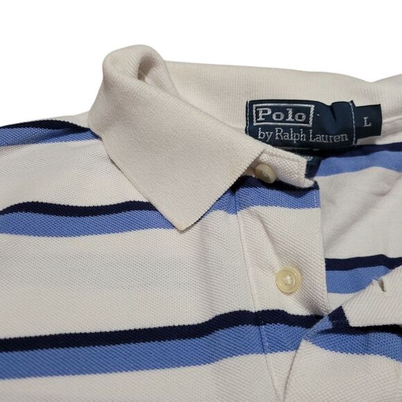 Mens Blue & Cream Stripe Polo Shirt - Picture 4 of 5